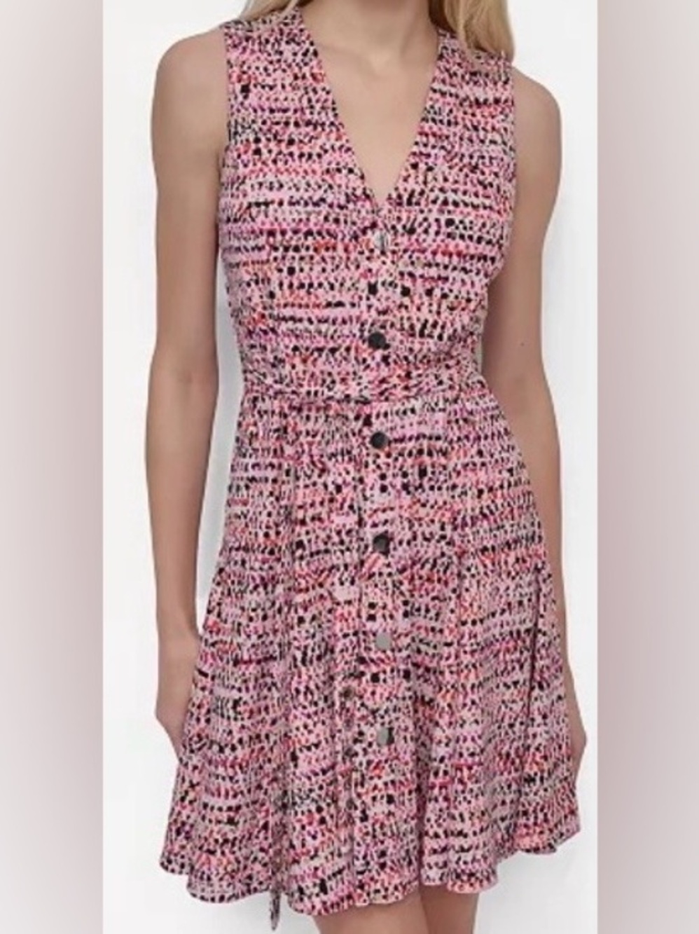 DKNY Pink Multi PrintV-Neck Button-Front Belted Mini Dress (Fit/Flare): Size 12